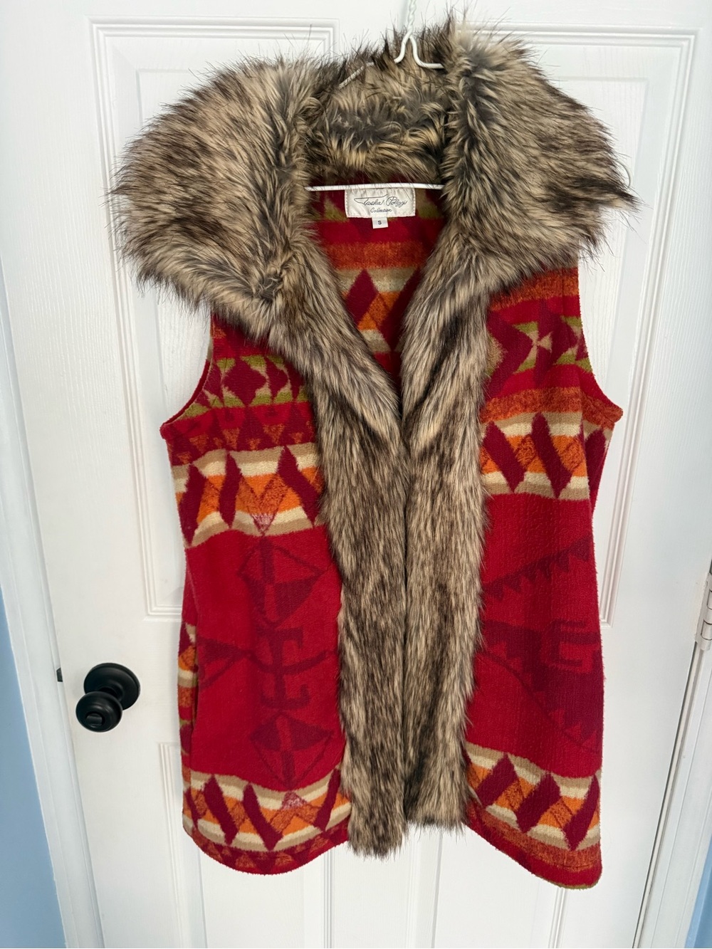 Tasha Polizzi Collection Vest SMALL Aztec Red W/ Faux Fur Trim Boho Hippie